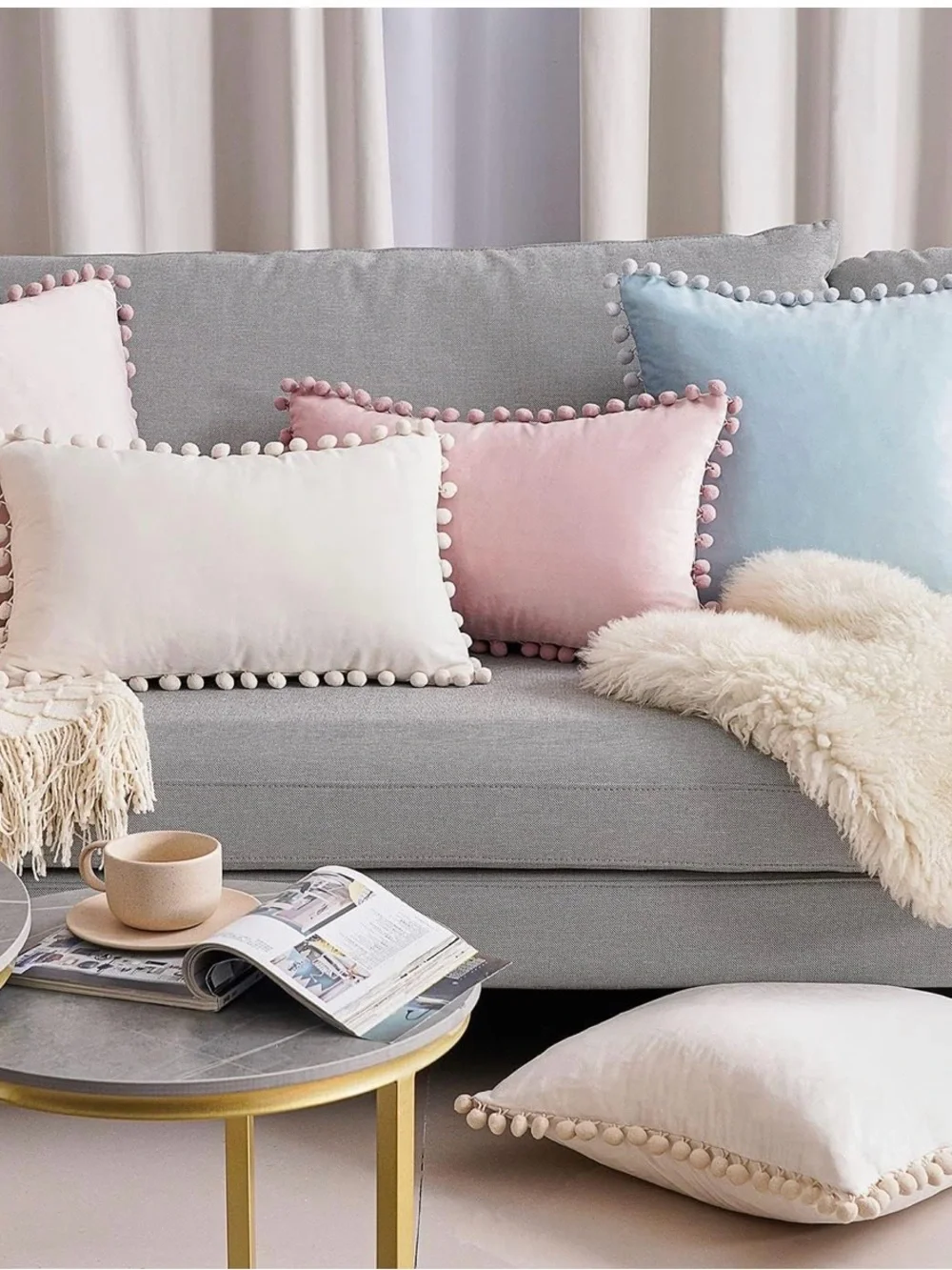 Cream Pom Pom Decorative Throw Pillow - Brand: